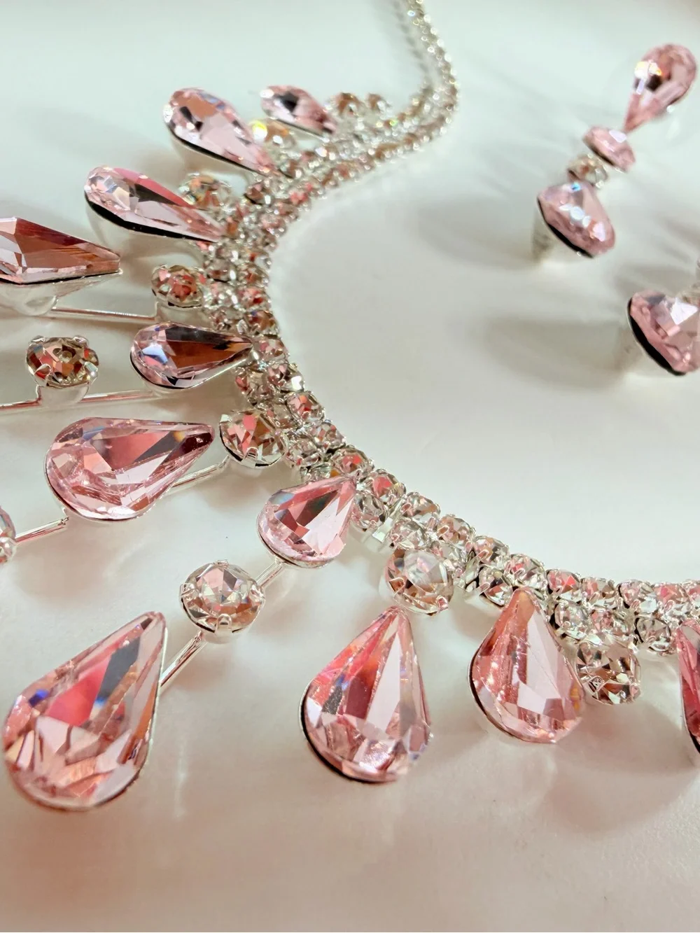 Pink Teardrop Crystal Necklace and Earring Set